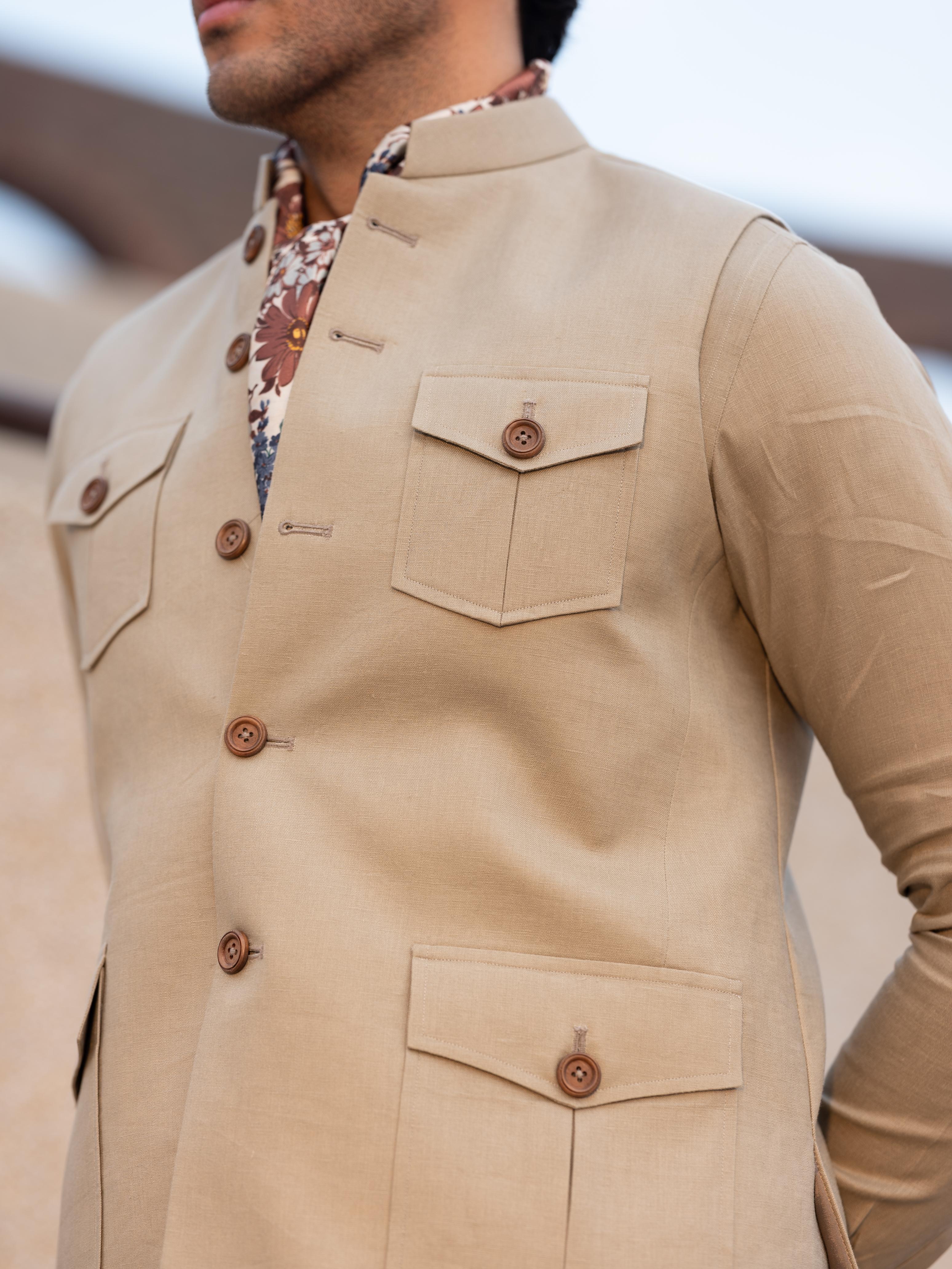 Beige Linen Waistcoat - Taimoor