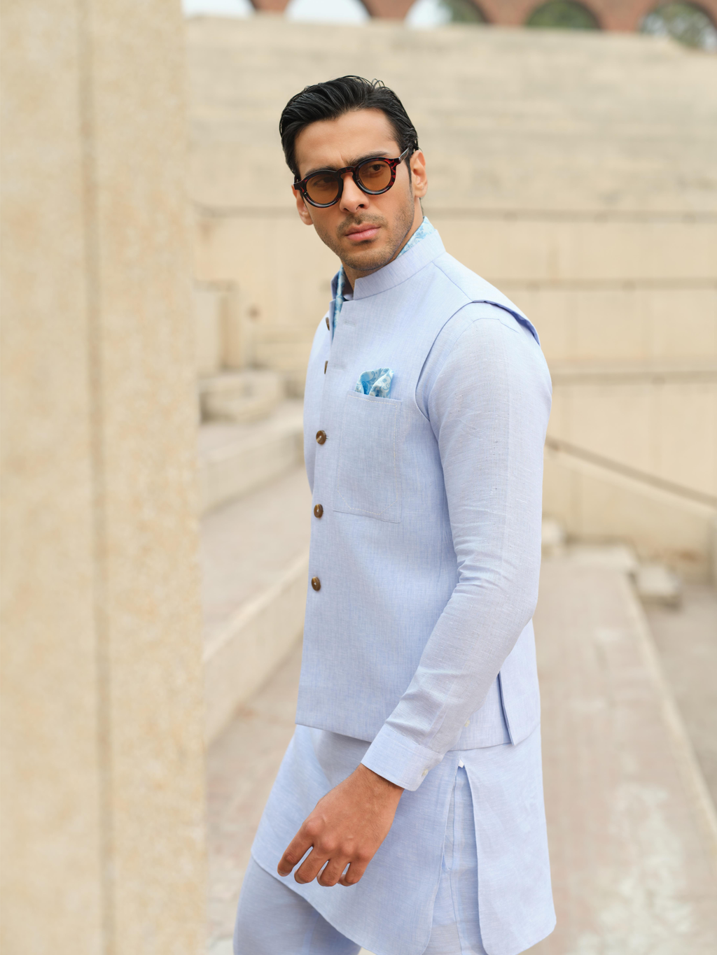Celestial Blue Waistcoat - Bahadur Shah
