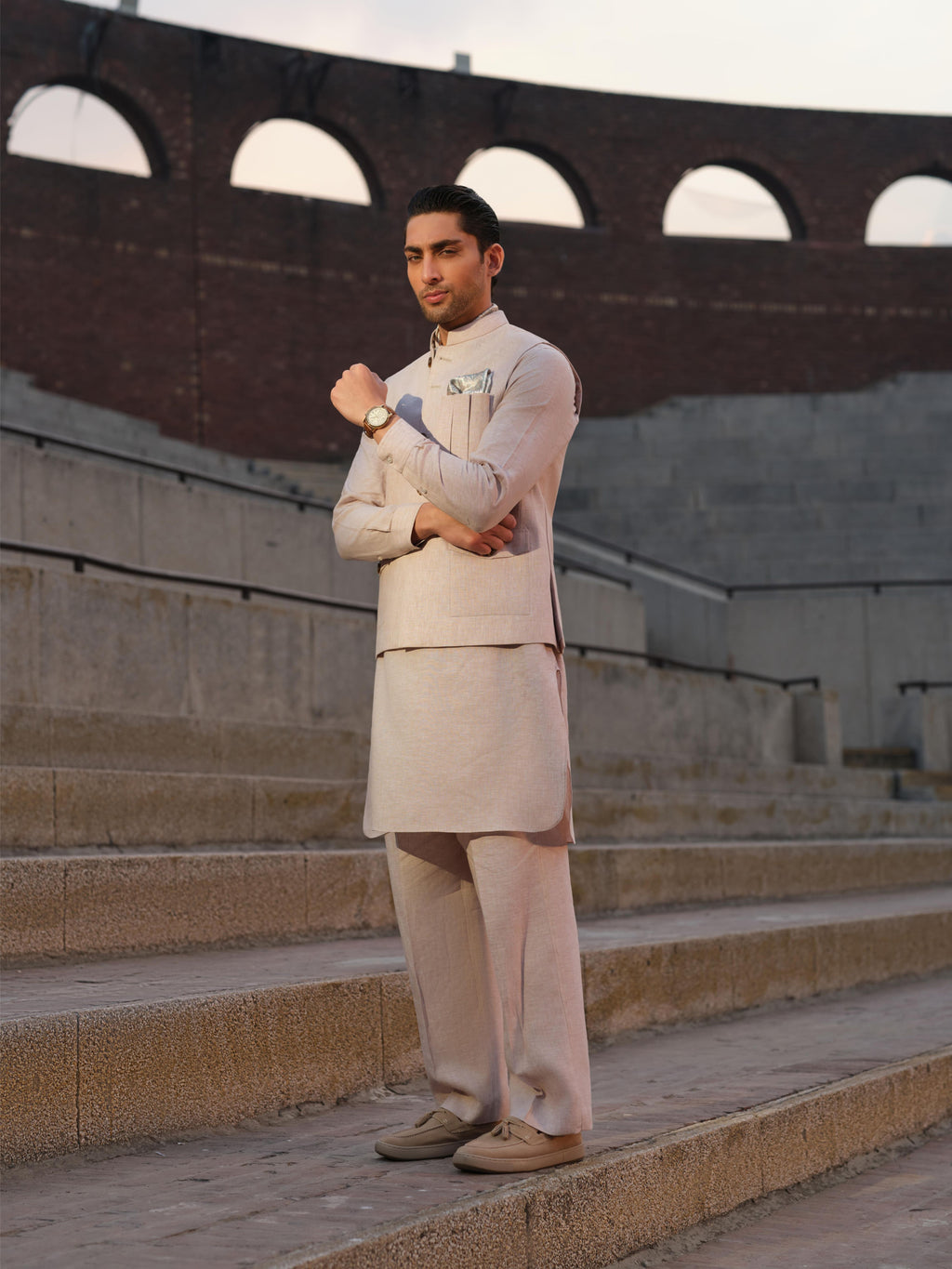 Rose Beige Linen Waistcoat - Jalal